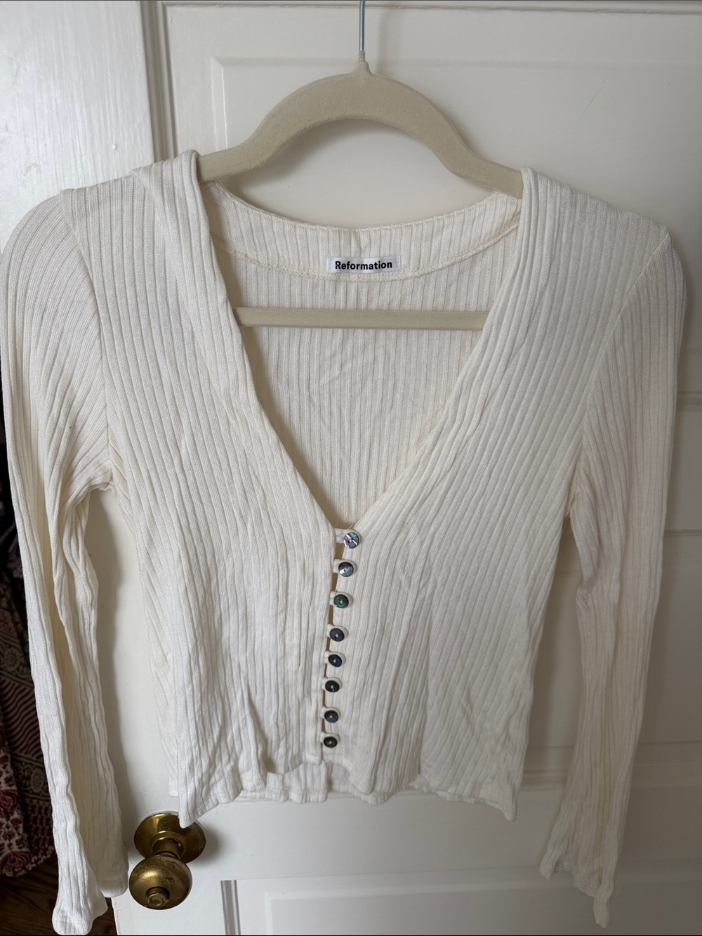 Reformation Cream Ribbed V-Neck Button-Front Long Sleeve Top